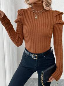 Chiquease 复古泡泡袖罗纹高领修身加厚长袖针织毛衣，欧美秋冬款，秋季 - 卡其色 - 查看 3