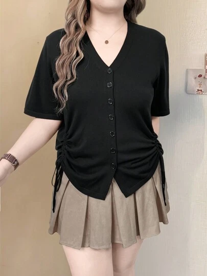 SHEIN EMERY ROSE CURVE 大码春秋休闲纯色抽绳短袖开衫，适合冬季