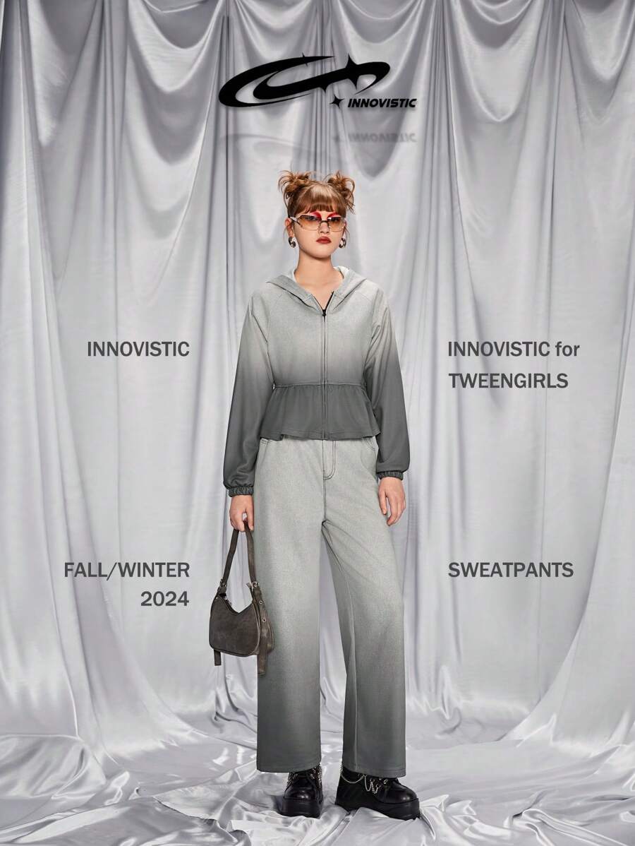 SHEIN Teen Girls Ombre Retro Loose Fit Bleached Denim Effect Sweatpants, Can Be Paired With Shoulder Bag, Backpack, Crossbody Bag, Baseball Cap, Bucket Hat, Beret, Ankle Boots, Oxfords, Sunglasses, Headphones - Multicolor - View 1