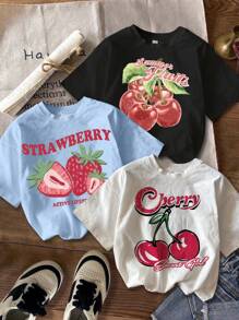 SHEIN EZwear 3 件套休闲简约草莓和樱桃印花圆领短袖修身短款女式 T 恤，适合夏季 - 彩色 - 查看 8