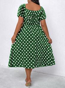 SHEIN Clasi 大码女式波尔卡圆点印花开衩短袖连衣裙 - 墨綠色 - 查看 2