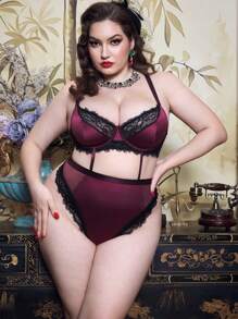 PinupPomp Conjunto de lencería sexy con tirantes finos, encaje y espalda descubierta para tallas grandes - Multicolor - Ver 1