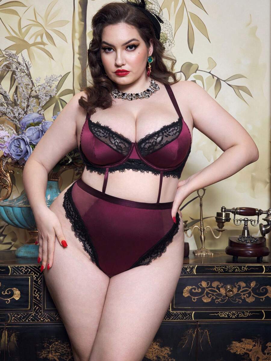 PinupPomp Conjunto de lencería sexy con tirantes finos, encaje y espalda descubierta para tallas grandes - Multicolor - Ver 1