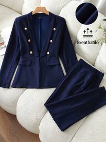 SHEIN Clasi Conjunto de pantalón y chaqueta elegante de mujer que realza la cintura, traje de mujer de negocios, ropa de otoño - Azul Marino - Ver 9