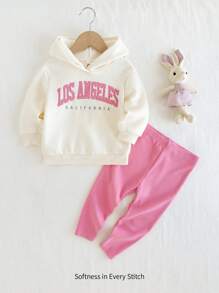 Cozy Pixies 2pcs Baby Girls Loose Letter Pattern Dropped Shoulder Hooded Sweatshirt And Leggings Fall Clothes Set, Casual Cute - Pink - View 5