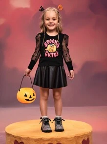 SHEIN X Care Bears Áo thun tay bồng in họa tiết gấu hoạt hình Halloween cho bé gái - màu đen - Xem 10