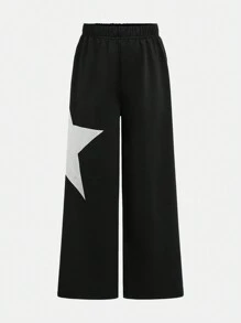 SHEIN Explorewe Tween Girl Casual Wide-Leg Sweatpants With Star Print - Black - View 1