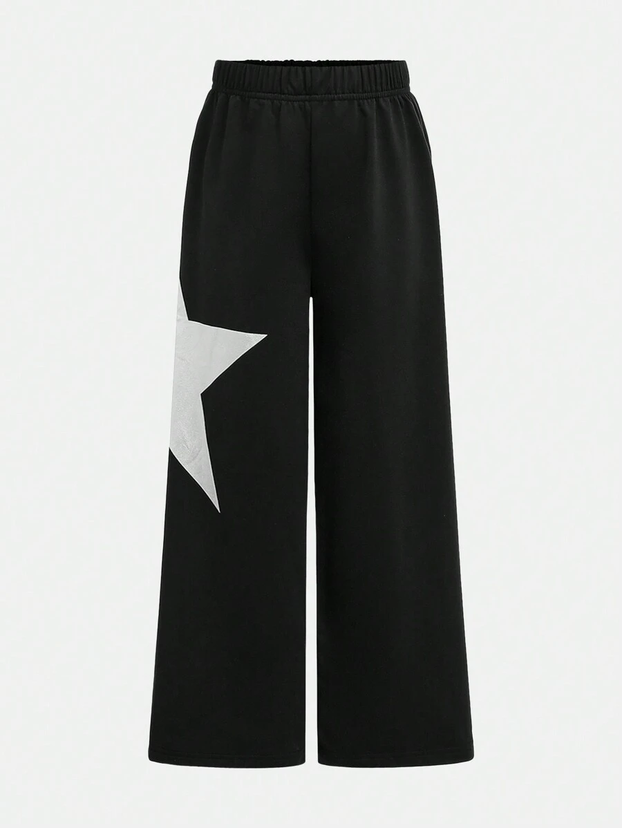 SHEIN Explorewe Tween Girl Casual Wide-Leg Sweatpants With Star Print - Black - View 1