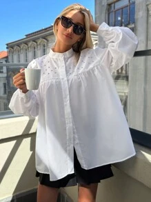 EURMUSE 100%Cotton Diamond Decorated Lantern Sleeve Shirt With Stand Collar - White - View 5