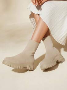 CUCCOO BASICS Women Shoes Fashion Minimalist Thick Sole Slip Lightweight Beige Sock Boots, Combat Boots Vacation Shoes Summer Back To School Shoes College Student Shoes Spring Shoes Spring Break Easter - Apricot - View 7