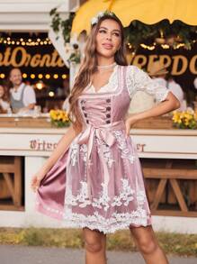 SHEIN Frenchy Váy không tay thêu lưới tương phản cổ điển cho nữ, Váy đi nghỉ buộc dây chéo ren thanh lịch cho nữ, Váy không tay thêu lưới tương phản cổ điển cho nữ Váy cổ điển cổ chữ V buộc dây cho nữ Váy ren tương phản tay ngắn cổ vuông có thắt lưng in họa tiết viền bèo nhún ngọt ngào cho nữ Váy Oktoberfest Dirndl Oktoberfest Tracht Oktoberfest Wiesn Bierfest Dirndl - Hồng - Xem 5
