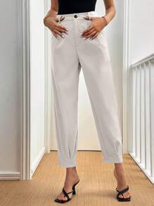 Selianne Women's Elegant Solid Color Pleated Detail Regular Trousers, Autumn - Beige - View 6