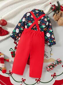 2pcs Baby Boy Santa Claus & Gingerbread Man Christmas Print Long Sleeve Shirt & Red Suspender Pants Set, For Christmas Party Role Play