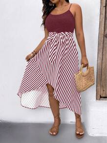 SHEIN LUNE Plus Size Casual Striped Patchwork Spaghetti Strap Dress - Burgundy - View 5