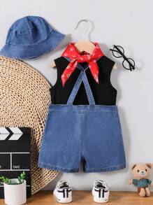 SHEIN 4 件套春夏男婴牛仔背心短裤、牛仔帽和红围巾时尚套装 - 黑色 - 查看 2