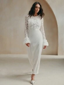 Anewsta Lady-Like Long Sleeve Dress With Lace Patchwork 3D Flower Detail, For Fall/Winter