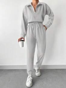 EURMUSE Drop Shoulder Half Zip Placket Sweatshirt & Sweatpants - Light Grey - View 6