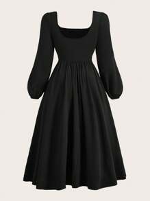 SHEIN MOOSTA 大码女式方领长袖褶皱优雅纯色连衣裙，黑色长款女装 - 黑色 - 查看 2