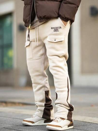 Manfinity Homme Men's Letter Print Drawstring Waist Cargo Pocket Straight Leg Casual Sweatpants, Going Out Stacked Long Street Wear Sweatpants, For Husband, Boyfriend Gifts, For Rave