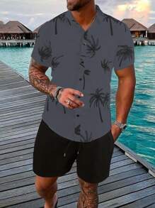 Manfinity RSRT Bộ 2 áo sơ mi tay ngắn in hình cây cọ đi nghỉ mát cho nam và quần short cạp rút dây - Xám - Xem 4