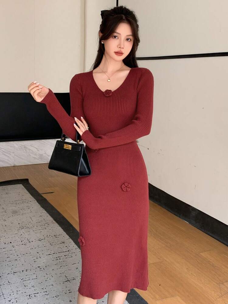 Women V-Neck Long Sleeve Elegant Floral 3D Pattern Knitted Sweater Dress, Autumn & Winter,Fall Women Clothes Red Women Dresses,New Year
