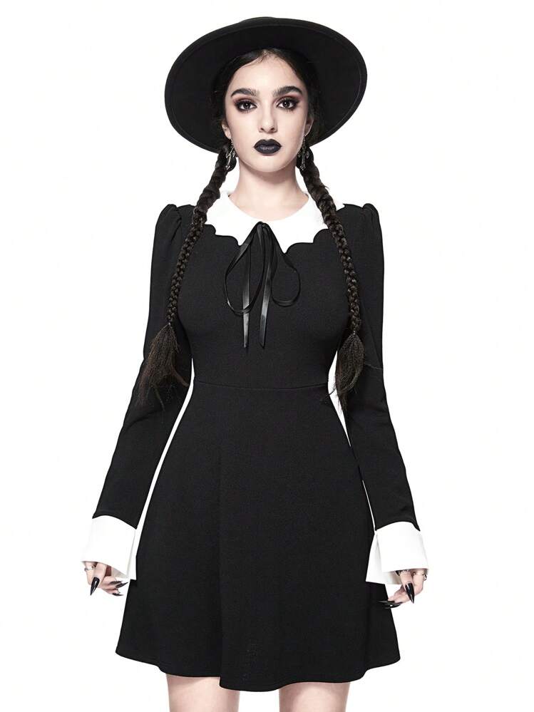ROMWE Goth 哥特式蝙蝠领蝴蝶结腰喇叭形 A 字弹力女式连衣裙，万圣节 - 黑色 - 查看 3