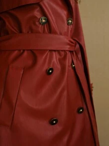 MOTF STUDIO PU LEATHER LAPEL COLLAR DOUBLE BREASTED PLACKET BELTED TRENCH COAT - Burgundy - View 8