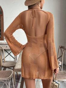 SHEIN Clasi Fashionable Backless Tied Strap Textured Floral Cutout Flare Sleeve A-Line Knit Dress For Vacation Fall Cloth For Women - Rust Brown - View 2