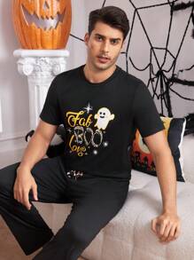 Halloween Ghost Letter Print Men's Pajama Set - Black - View 8