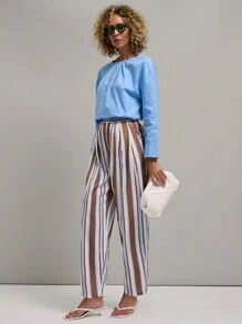 SHEIN Unity 女士休闲纯色纽扣长袖衬衫，春季和秋季 - 淺藍色 - 查看 7