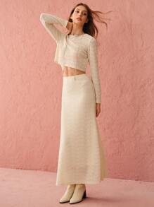 Enchnt 秋冬纯色圆领长袖上衣和中长裙两件套优雅女士优雅装束，秋季两件套，秋冬女装 - 杏色 - 查看 5