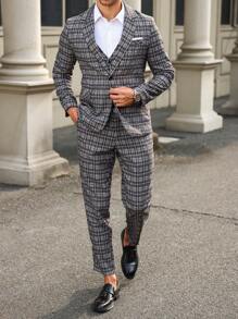 Manfinity Mode Men's Spring & Autumn Plaid Lapel Neck Long Sleeve Jacket & Pants Business Suit - Dark Grey - View 6