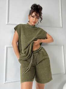 SHEIN SXY 2 piezas Conjunto de sudadera vintage de estilo desgastado y pantalones cortos de pierna ancha de verano, conjunto informal