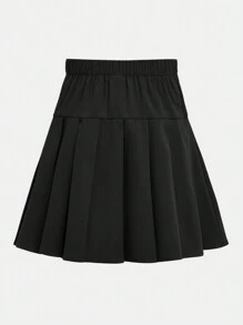 SHEIN Tween Girl  Casual Academy Solid-Colored High Waist Ruched  Skirt - Black - View 2