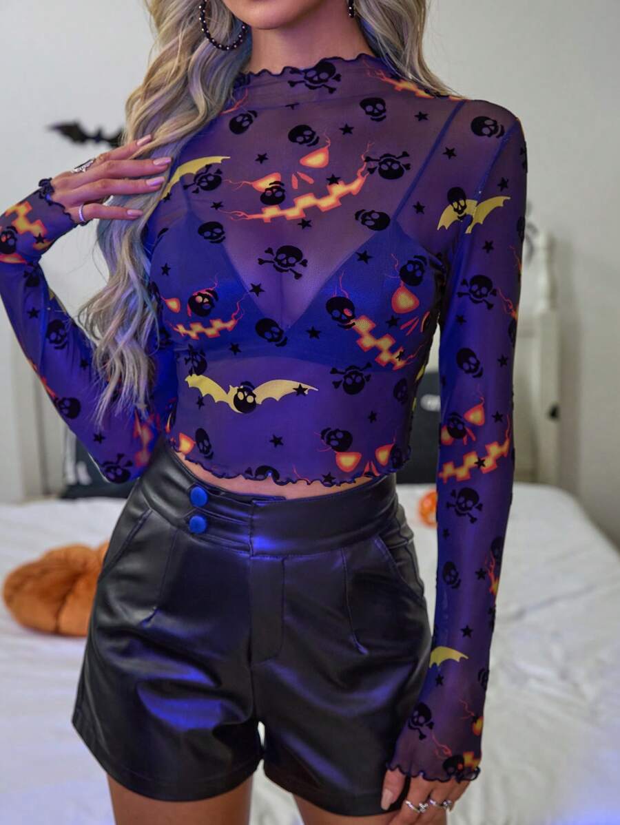 SHEIN Essnce Blusa de malla transparente de manga larga con cuello alto y estampado de calavera, corte slim; Top bustier de manga larga con encaje para mujer, para primavera y verano - Negro - Ver 1