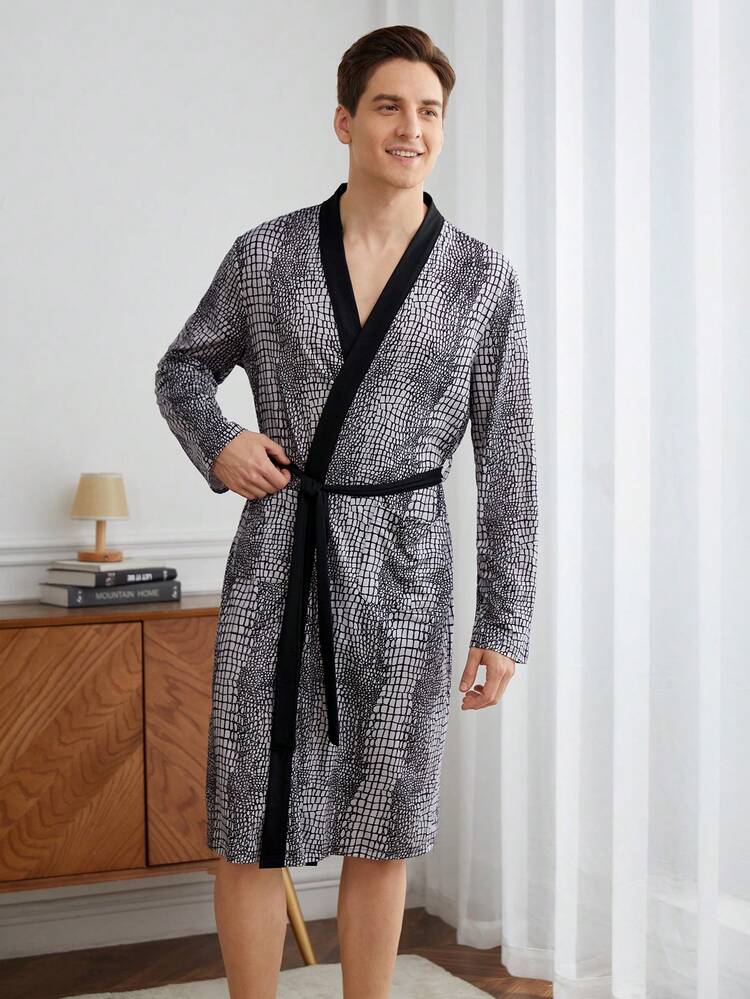 男士纯色拼接长袖抽绳长袍，休闲居家 - 紅色 - 查看 8