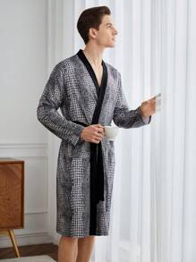 男士纯色拼接长袖抽绳长袍，休闲居家