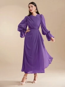 Modelyn Đầm viền nhún bèo dài tay màu trơn dành cho nữ, thường ngày & ngày lễ - Màu tím - Xem 6