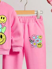 SHEIN 2 件套厚款保暖内衬运动衫和裤子套装，适合年轻女孩，休闲装，适合秋冬季 - 玫紅色 - 查看 4