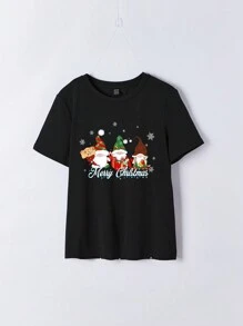 SHEIN EZwear T-shirt à manches courtes, col rond, avec un simple graphique du Père Noël. grande taille, décontracté, pour l'été