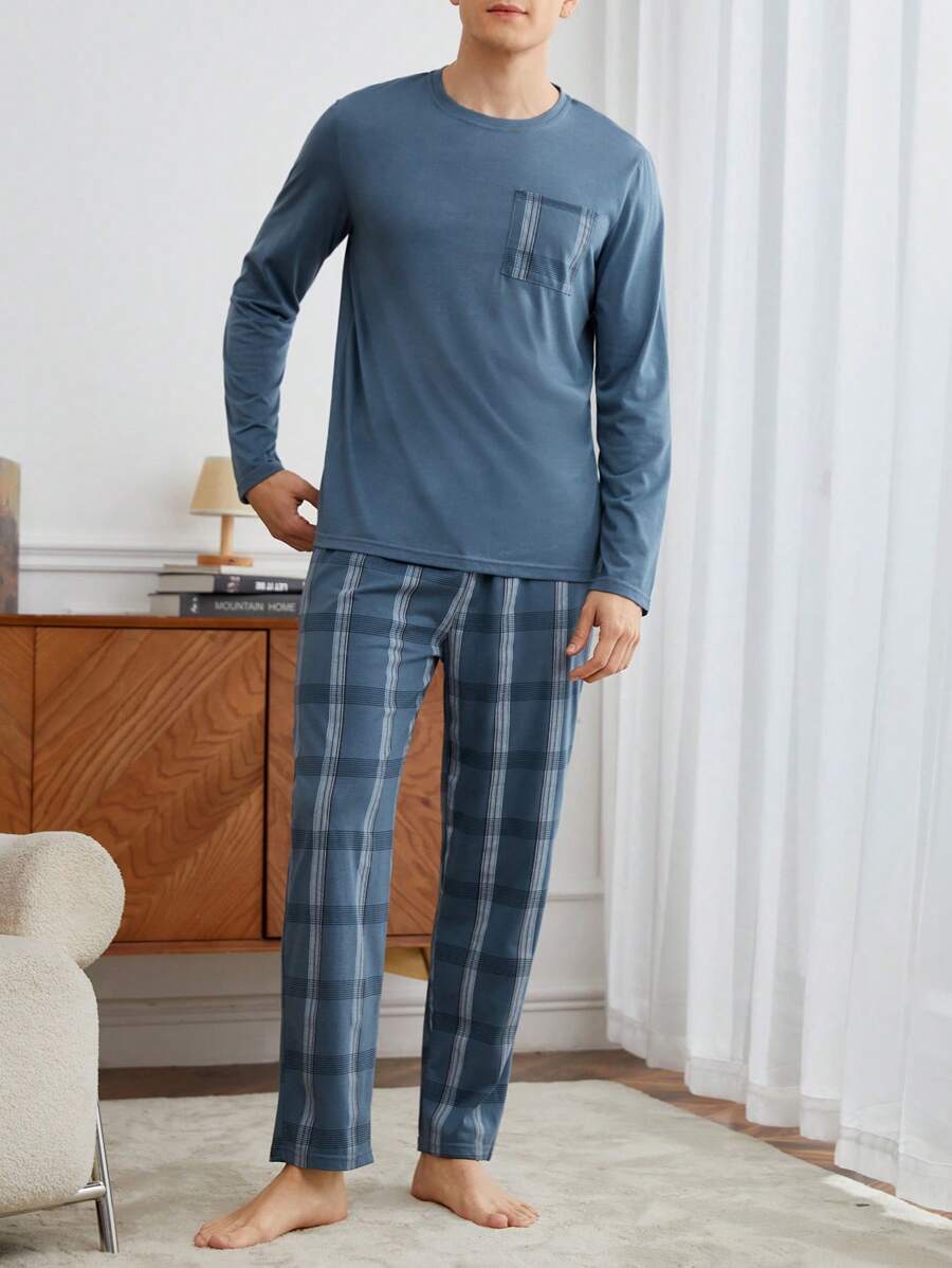 Men 2pcs Set: Crew Neck Long Sleeve Top Top And Plaid Design Fashionable Pants, Casual Pajama Set, Fall Winter Clothes - Baby Blue - View 1