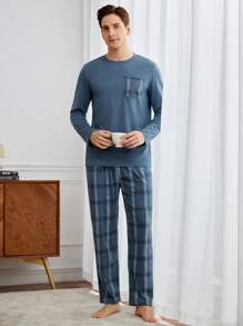 Men 2pcs Set: Crew Neck Long Sleeve Top Top And Plaid Design Fashionable Pants, Casual Pajama Set, Fall Winter Clothes - Baby Blue - View 9