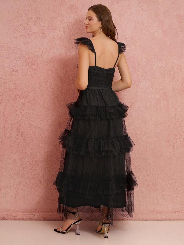 Vestido Longo de Tule com Babados Pretos Elegantes, Vestido de Princesa para Encontros à Noite, Festa, Coquetel e Baile de Formatura