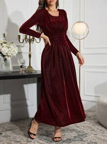 Modelyn Women Elegant Solid Color Round Neck Long Sleeve Ruched Waist Dress, Spring Summer Long Evening Dresses - Red - View 6