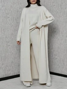 SHEIN Tall High Neck Knit Top And Knit Pants And Open Front Cardigan - Apricot - View 4