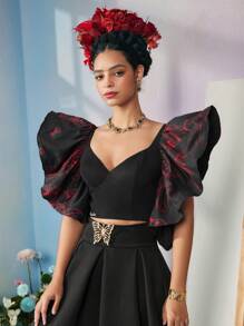 KATHARSIS Frida Kahlo X SHEIN X Designer Áo crop top hở nách in hình chim, Ngày lễ, Lễ tạ ơn, Mùa xuân & mùa hè, Đi chơi, Lễ hội - màu đen - Xem 3