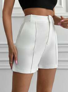 SHEIN Cottnline Tall Size Zipper Fly Seam Detail Shorts - White - View 3