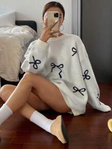 Livesso 女士圆领宽松蝴蝶结针织毛衣、长袖上衣、秋季女装 - 白色 - 查看 6