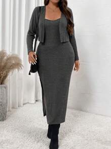 SHEIN VCAY 2 件大码长袖短款上衣和开衩下摆连衣裙套装