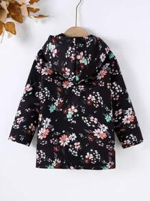 SHEIN Vintaside Kids 年轻女孩碎花连帽厚衬中长外套，秋冬 - 黑色 - 查看 2